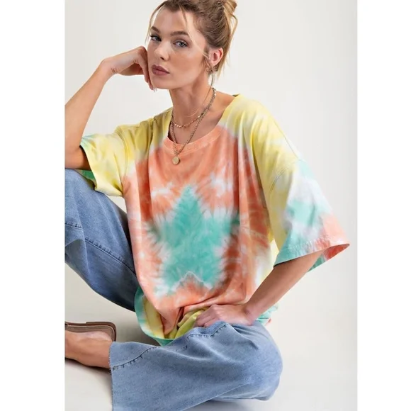 109. NWT Easel Tie-Dye Short Sleeve Tee - Coral, Mint Green, Yellow, White - Picture 5 of 6